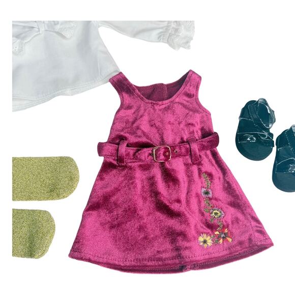 American Girl Julie Christmas Dress Holiday Velvet Gold Tights Shoes Blouse Box - Picture 5 of 9